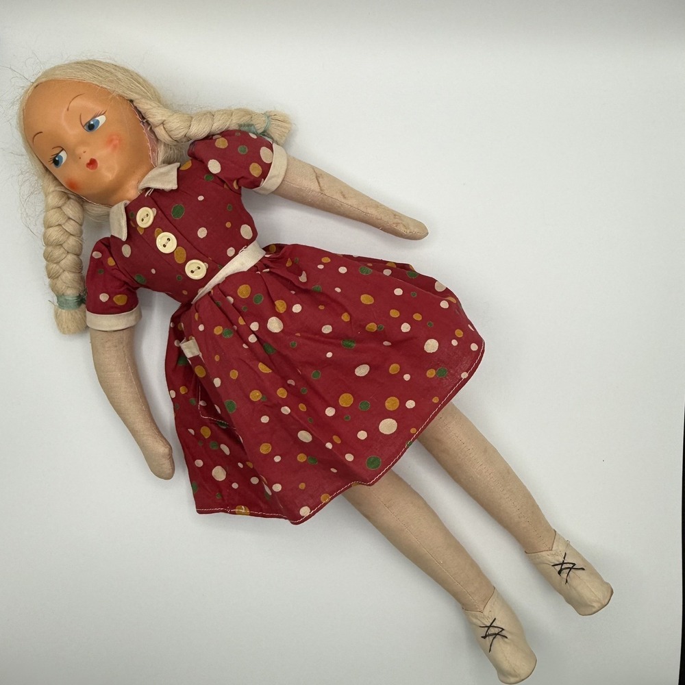 Vintage 16" Polish Style Cloth Sawdust Doll Celluloid Plastic Head, Soft Body - Picture 3 of 5